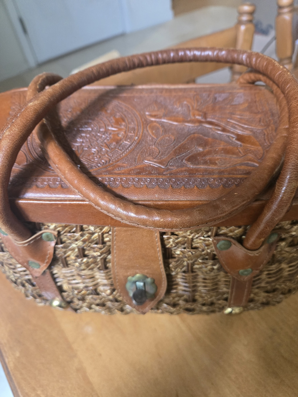 Woven Straw Tote with Brown Leather Trim